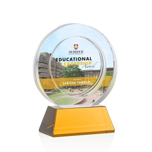 Corporate Awards - Glass Awards - Colored Glass Awards - Templeton Full Color Amber on Base Circle Crystal Award