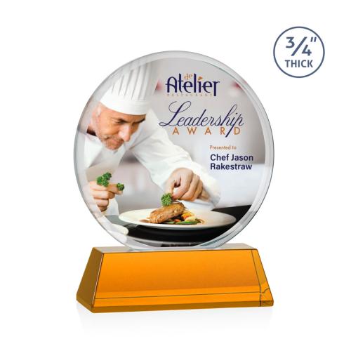 Corporate Awards - Glass Awards - Colored Glass Awards - Blackpool on Newhaven Full Color Amber Circle Crystal Award