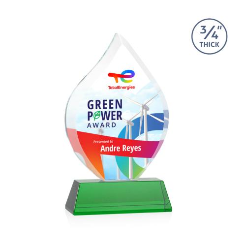 Corporate Awards - Crystal Awards - Crystal Flame Awards - Worthington Full Color Green on Newhaven Flame Crystal Award