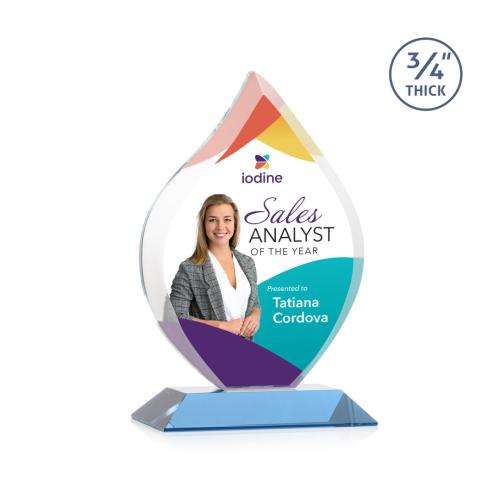 Corporate Awards - Crystal Awards - Crystal Flame Awards - Worthington Full Color Sky Blue Flame Crystal Award