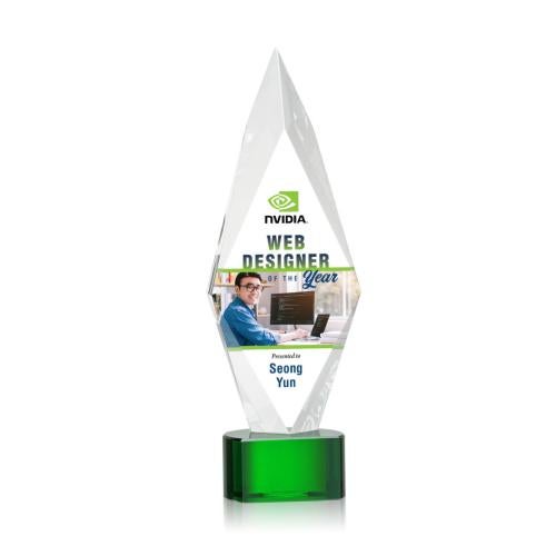 Corporate Awards - Glass Awards - Colored Glass Awards - Manilow Full Color Green on Paragon Base Crystal Award