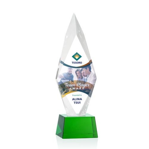 Corporate Awards - Glass Awards - Colored Glass Awards - Manilow Full Color Green on Robson Base Crystal Award