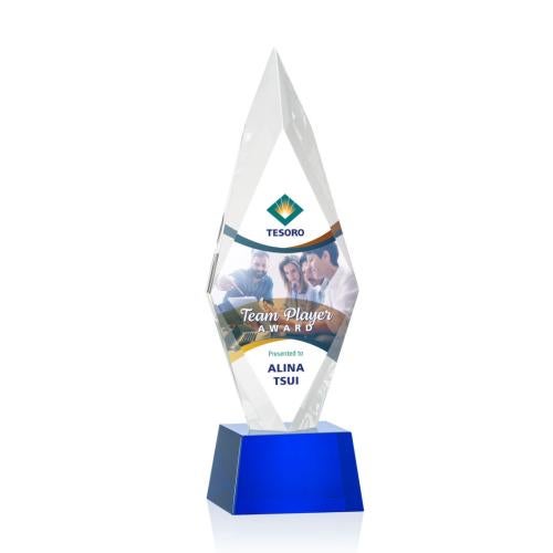 Corporate Awards - Glass Awards - Colored Glass Awards - Manilow Full Color Blue on Robson Base Crystal Award