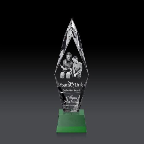 Corporate Awards - Glass Awards - Colored Glass Awards - Manilow Green on Robson Base (3D) Crystal Award
