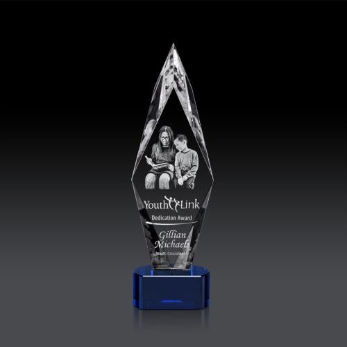 Corporate Awards - Glass Awards - Colored Glass Awards - Manilow Blue on Paragon Base (3D) Crystal Award