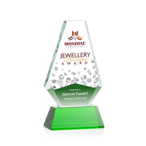 Corporate Awards - Glass Awards - Colored Glass Awards - Kingsley Full Color Green on Newhaven Base Crystal Award