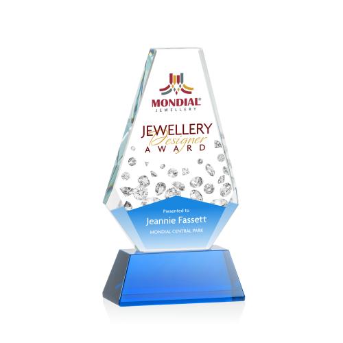 Corporate Awards - Glass Awards - Colored Glass Awards - Kingsley Full Color Blue on Newhaven Base Crystal Award