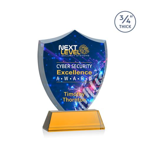 Corporate Awards - Glass Awards - Colored Glass Awards - Scudo Shield Full Color Amber on Newhaven Abstract / Misc Crystal Award