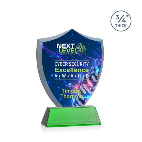 Corporate Awards - Glass Awards - Colored Glass Awards - Scudo Shield Full Color Green on Newhaven Abstract / Misc Crystal Award