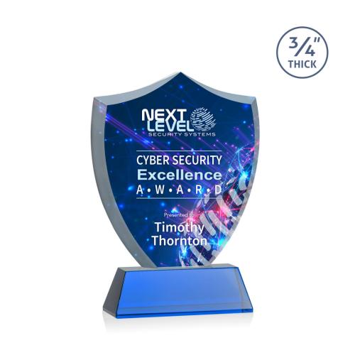 Corporate Awards - Glass Awards - Colored Glass Awards - Scudo Shield Full Color Blue on Newhaven Abstract / Misc Crystal Award