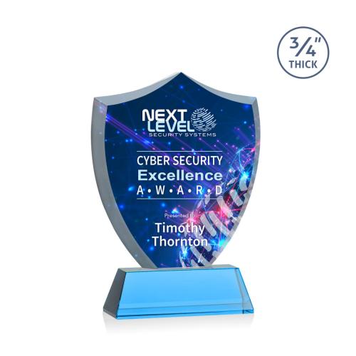 Corporate Awards - Award Shapes - Shield Awards - Scudo Shield Full Color Sky Blue on Newhaven Abstract / Misc Crystal Award
