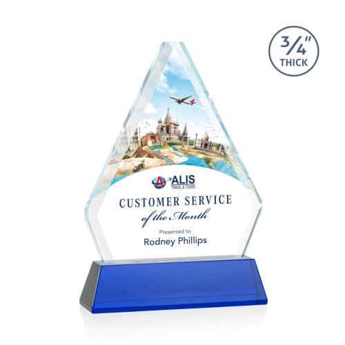 Corporate Awards - Glass Awards - Colored Glass Awards - Fyreside Full Color Blue on Newhaven Crystal Award