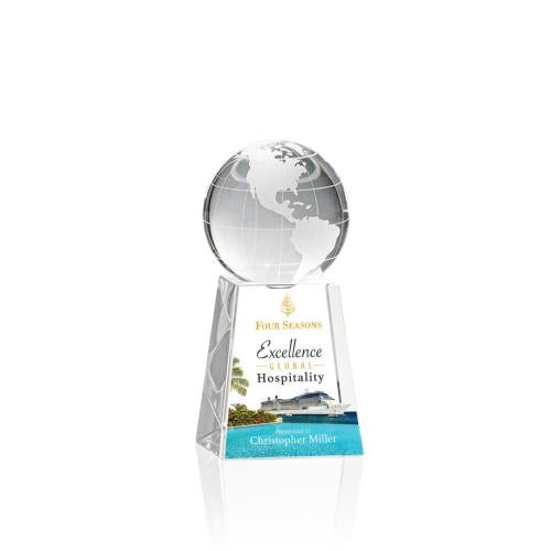 Corporate Awards - Crystal Awards - Crystal Paperweights - Globe on Tall Base Full Color Spheres Crystal Award