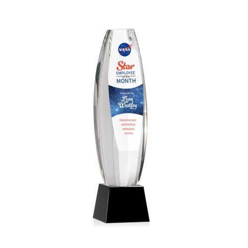 Corporate Awards - Crystal Awards - Crystal Pillar Awards - Hoover Full Color Black on Robson Base Obelisk Crystal Award