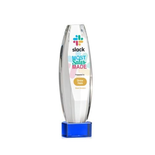 Corporate Awards - Crystal Awards - Crystal Pillar Awards - Hoover Full Color Blue on Paragon Base Obelisk Crystal Award