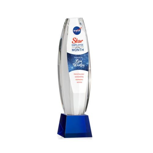 Corporate Awards - Crystal Awards - Crystal Pillar Awards - Hoover Full Color Blue on Robson Base Obelisk Crystal Award