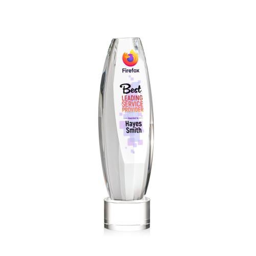 Corporate Awards - Crystal Awards - Crystal Pillar Awards - Hoover Full Color Clear on Marvel Base Obelisk Crystal Award