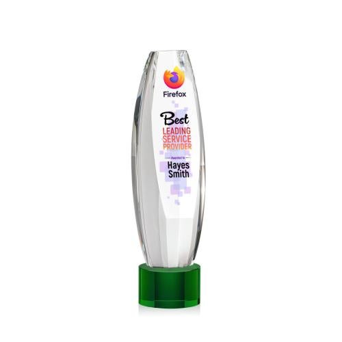 Corporate Awards - Crystal Awards - Crystal Pillar Awards - Hoover Full Color Green on Marvel Base Obelisk Crystal Award