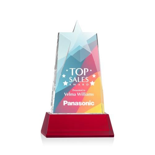 Corporate Awards - Crystal Awards - Colored Crystal - Red Crystal Awards - Millington Full Color Red on Base Star Crystal Award