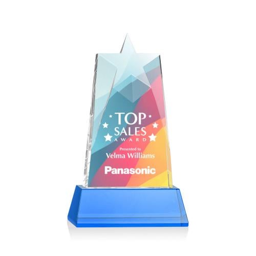Corporate Awards - Crystal Awards - Crystal Star Awards - Millington Full Color Sky Blue on Base Star Crystal Award