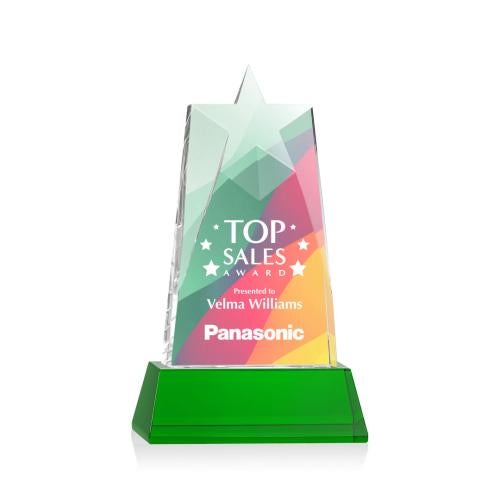 Corporate Awards - Glass Awards - Colored Glass Awards - Millington Full Color Green on Base Star Crystal Award