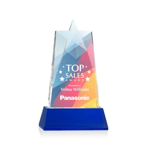 Corporate Awards - Glass Awards - Colored Glass Awards - Millington Full Color Blue on Base Star Crystal Award