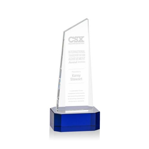 Corporate Awards - Crystal Awards - Crystal Pillar Awards - Belmont Tower Blue on Padova Base Obelisk Crystal Award
