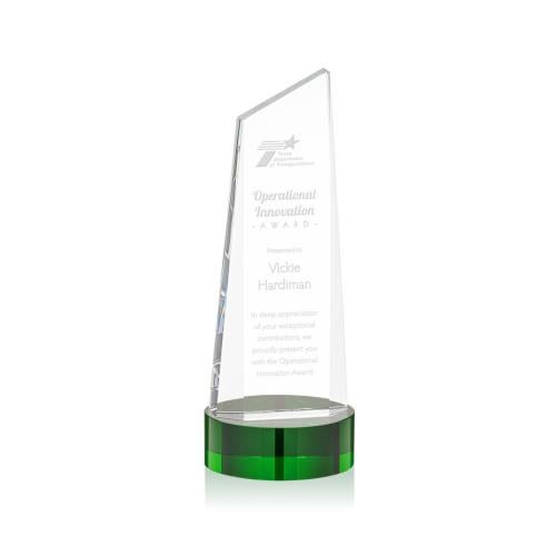 Corporate Awards - Crystal Awards - Crystal Pillar Awards - Belmont Tower Green on Stanrich Base Obelisk Crystal Award