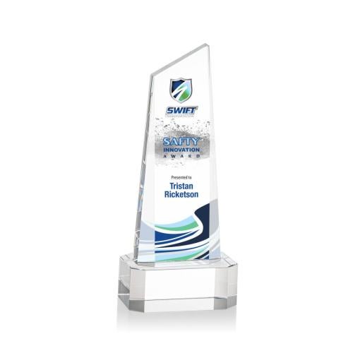 Corporate Awards - Crystal Awards - Crystal Pillar Awards - Belmont Tower Full Color Clear on Padova Obelisk Crystal Award