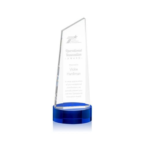Corporate Awards - Crystal Awards - Crystal Pillar Awards - Belmont Tower Blue on Stanrich Base Obelisk Crystal Award
