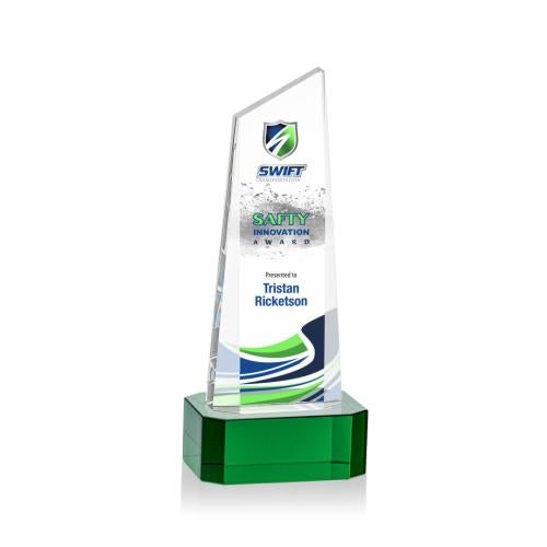 Corporate Awards - Crystal Awards - Crystal Pillar Awards - Belmont Tower Full Color Green on Padova Obelisk Crystal Award