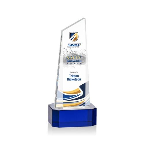 Corporate Awards - Crystal Awards - Crystal Pillar Awards - Belmont Tower Full Color Blue on Padova Obelisk Crystal Award