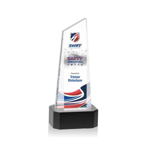 Corporate Awards - Crystal Awards - Crystal Pillar Awards - Belmont Tower Full Color Black on Padova Obelisk Crystal Award