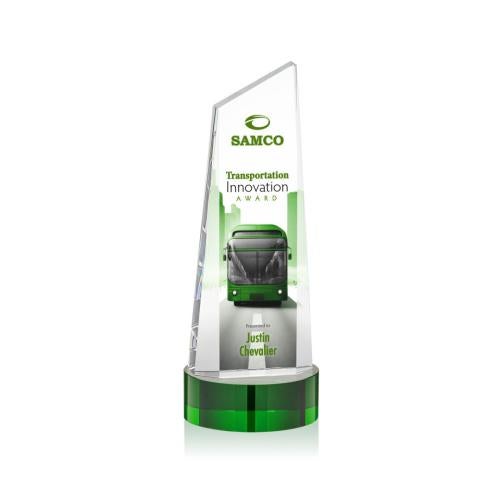 Corporate Awards - Crystal Awards - Crystal Pillar Awards - Belmont Tower Full Color Green on Stanrich Obelisk Crystal Award