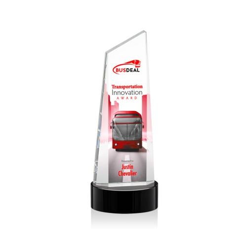 Corporate Awards - Crystal Awards - Crystal Pillar Awards - Belmont Tower Full Color Black on Stanrich Obelisk Crystal Award