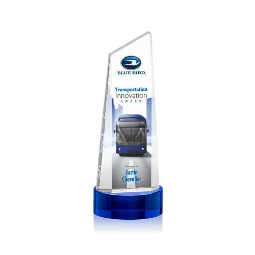 Corporate Awards - Crystal Awards - Crystal Pillar Awards - Belmont Tower Full Color Blue on Stanrich Obelisk Crystal Award
