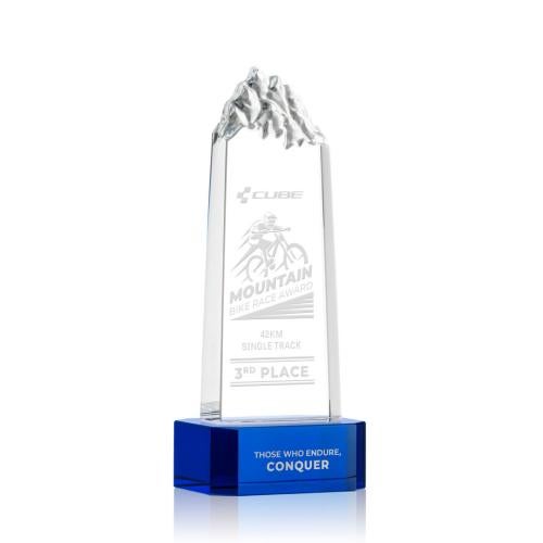 Corporate Awards - Crystal Awards - Crystal Pillar Awards - Himalayas Tower Blue on Base Obelisk Crystal Award
