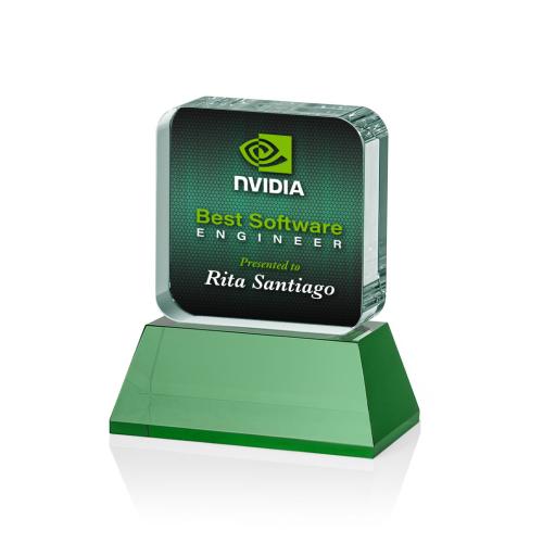 Corporate Awards - Glass Awards - Colored Glass Awards - Flamborough Full Color Green on Base Crystal Award