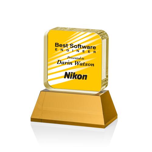 Corporate Awards - Glass Awards - Colored Glass Awards - Flamborough Full Color Amber on Base Crystal Award