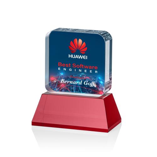 Corporate Awards - Crystal Awards - Colored Crystal - Red Crystal Awards - Flamborough Full Color Red on Base Crystal Award