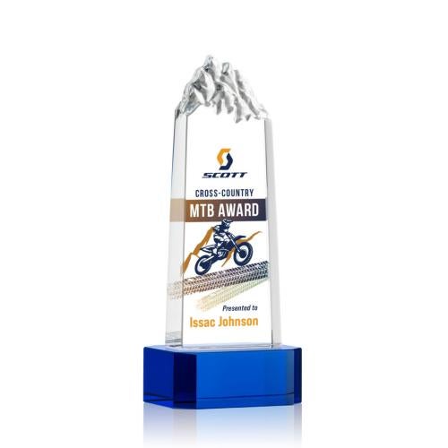 Corporate Awards - Crystal Awards - Crystal Pillar Awards - Himalayas Full Color Blue on Base Obelisk Crystal Award