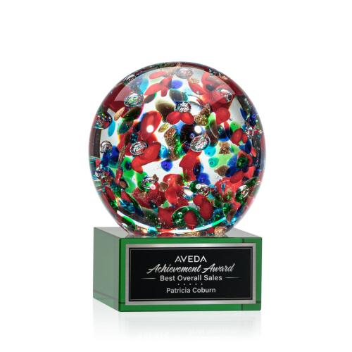 Corporate Awards - Glass Awards - Colored Glass Awards - Fantasia Green on Hancock Base Spheres Glass Award