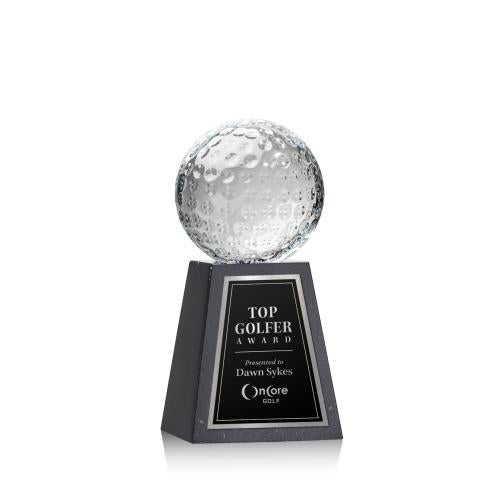 Corporate Awards - Award Plaques - Marble and Stone Plaques - Golf Ball Spheres on Tall Marble Base Crystal Award