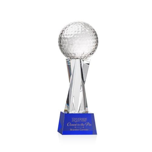 Corporate Awards - Glass Awards - Colored Glass Awards - Golf Ball Blue on Grafton Base Spheres Crystal Award