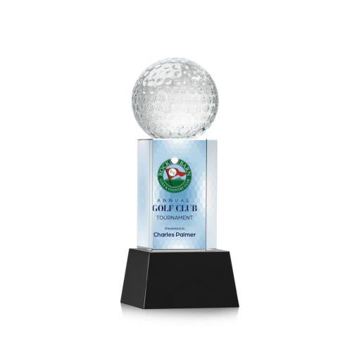 Corporate Awards - Sports Awards - Golf Ball Full Color Black on Belcroft Spheres Crystal Award