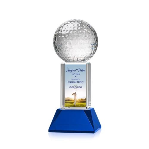 Corporate Awards - Glass Awards - Colored Glass Awards - Golf Ball Full Color Blue on Stowe Spheres Crystal Award