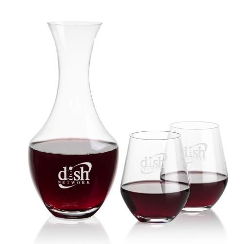 Corporate Recognition Gifts - Etched Barware - Oldham Carafe & Reina Stemless Wine