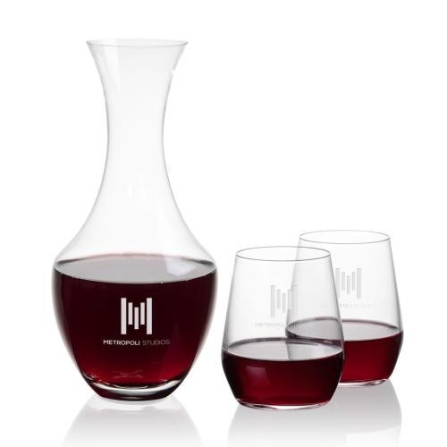 Corporate Recognition Gifts - Etched Barware - Oldham Carafe & Germain Stemless Wine