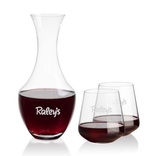 Corporate Recognition Gifts - Etched Barware - Oldham Carafe & Cannes Stemless Wine