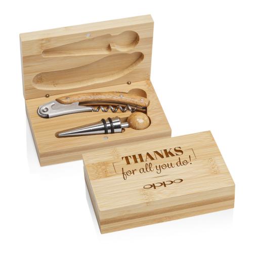 Corporate Recognition Gifts - Etched Barware - Bamboo Wine Accessory Set
